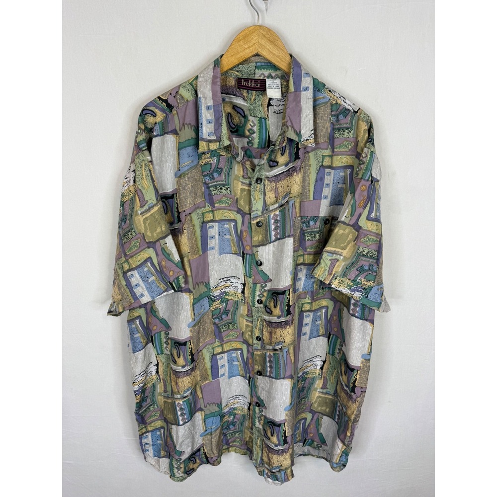 Vintage 90s Trekka Mens 1X Silk‎ Short Sleeve Button Down Shirt Abstract